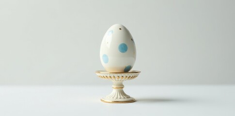 A delicately decorated egg, adorned with light blue polka dots and gold accents, rests elegantly on a pristine white pedestal, creating a sophisticated springtime scene.