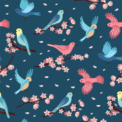 Fototapeta premium Spring birds and flowering branches on blue background. Colorful cute seamless pattern for printing on wallpaper, wrapping paper, textile on other surfaces.