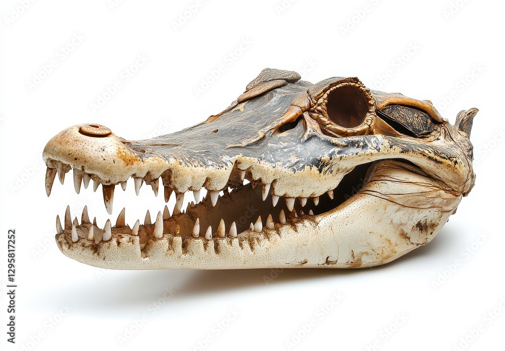 Poster anatomically realistic crocodile skull display with sharp teeth and intricate bone structure for edu