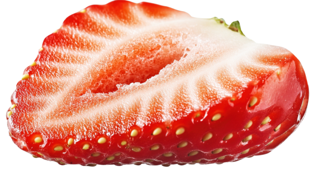 A close-up of a sliced strawberry showing the juicy interior, isolated on a transparent background.