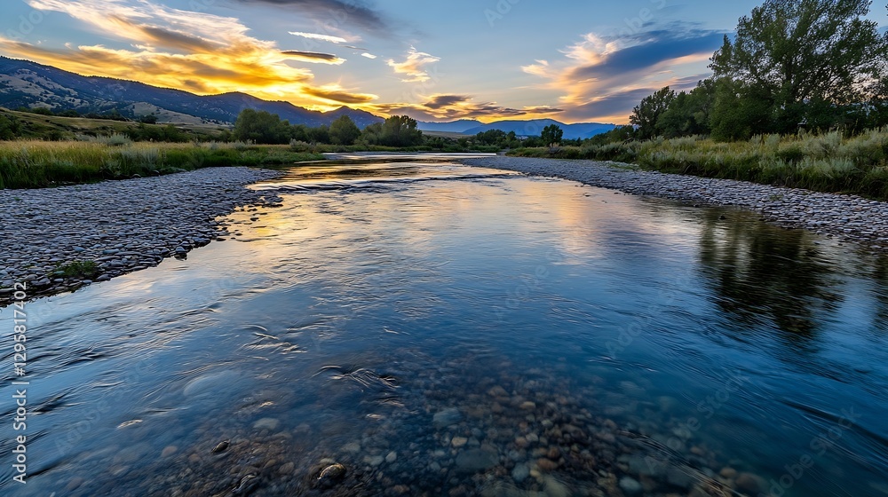 Poster scenic river reflecting sunset colors in tranquil nature landscape with mountains in background : ge