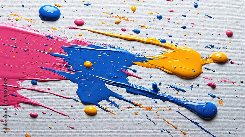 Poster bright splashes of paint create a vibrant abstract artwork on a white canvas during a creative sessi