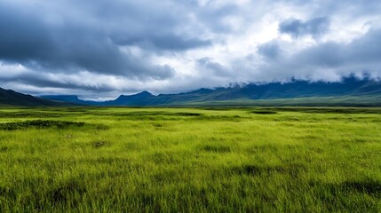 Fototapeta premium Vast green landscape under dramatic clouds during a serene day in nature : Generative AI