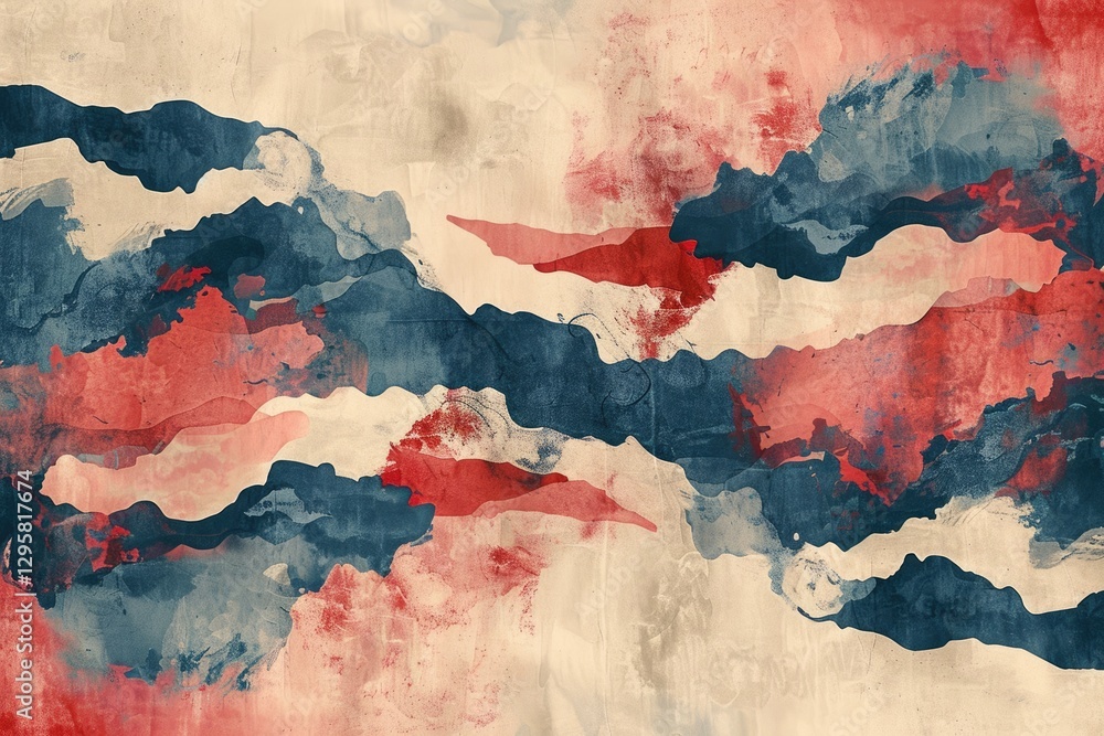 Poster abstract wavy lines and red circle on textured beige background. background image of sunset with red