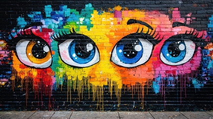 Vibrant street art featuring colorful eyes on a brick wall in an urban setting during daylight. Generative AI