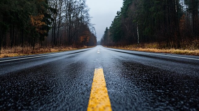 Rainy Alleyway with Wet Asphalt Road Surrounded by Forest Trees in Misty Atmosphere : Generative AI