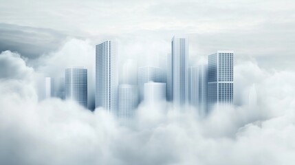 Fototapeta premium Modern skyscrapers emerging from dense clouds. Visionary urban development and futuristic architecture