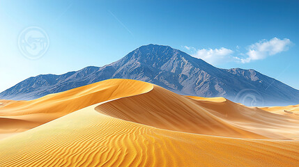 Dramatic orange sand dunes under a clear blue sky with a mountain backdrop in a serene desert landscape. Generative AI