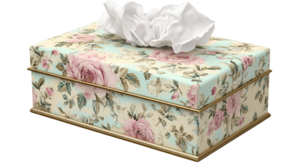 A decorative tissue box with floral patterns, placed on a transparent background.