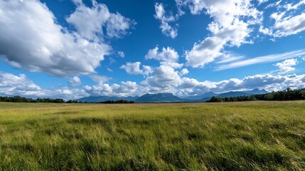 Fototapeta premium Expansive Landscape with Blue Sky and Fluffy Clouds Over Open Fields and Mountains : Generative AI