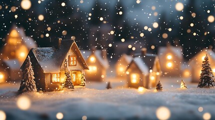 Fototapeta premium A cozy winter village with glowing lights and falling snow