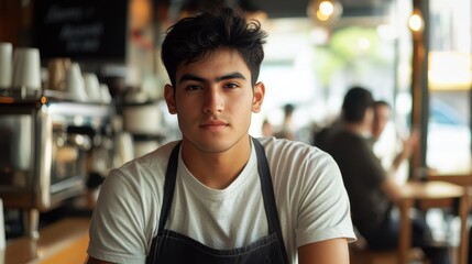 Young man in casual attire sitting at a caf&eacute; with a contemplative expression, focusing on the camera with modern interior backdrop and soft lighting