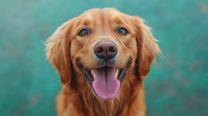 Obraz premium A happy Golden Retriever dog with its tongue out, looking directly at the camera against a teal background. Dog, Golden Retriever, happy, and pet themes. Ideal for pet blogs, animal websites, and hear