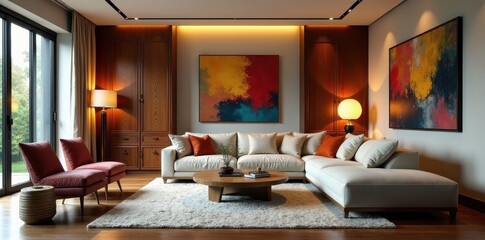 Modern Sectional Sofa in a Luxurious Living Room with Abstract Artwork and Warm Lighting
