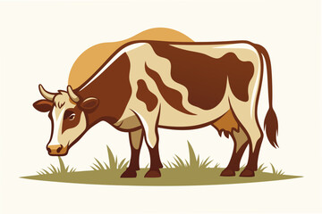 Fototapeta premium Vector illustration of a brown cow grazing in a green field under a clear sky with soft clouds