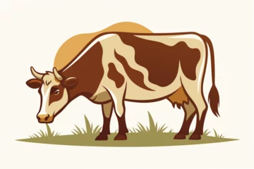 Gardinen Vector illustration of a brown cow grazing in a green field under a clear sky with soft clouds © Azadart