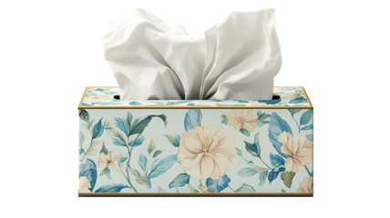 A decorative tissue box with floral patterns, placed on a transparent background.