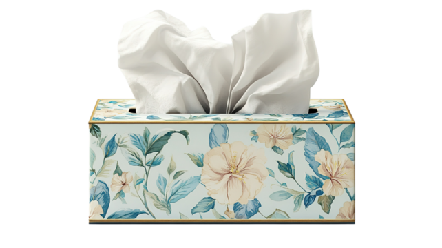 A decorative tissue box with floral patterns, placed on a transparent background.