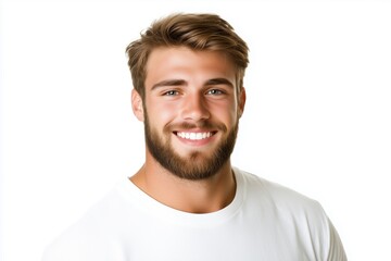 Fototapeta premium Smiling young man with a beard wearing a white t-shirt against plain background. Happiness and positive energy