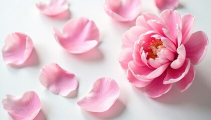 Fototapeta premium Pink peony petals scattered on a pure white surface, texture, flowers
