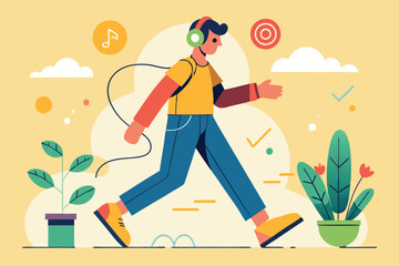 Young person enjoys music while walking in a colorful, minimal vector illustration set against a light purple background with cheerful elements