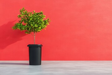 Green plant in black pot against vibrant red wall in modern interior