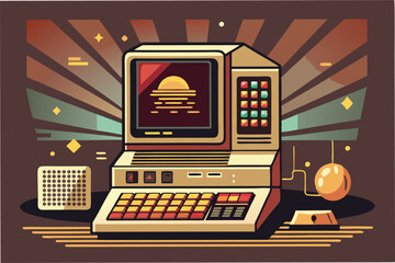 Vector illustration of a vintage computer setup featuring colorful design elements in a minimal, modern style, highlighting nostalgia for technology and retro gaming