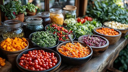 Fototapeta premium Colorful salad bar buffet outdoors, garden background