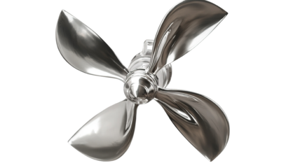 A close-up of a shiny metal boat propeller with three blades, isolated on a transparent background.