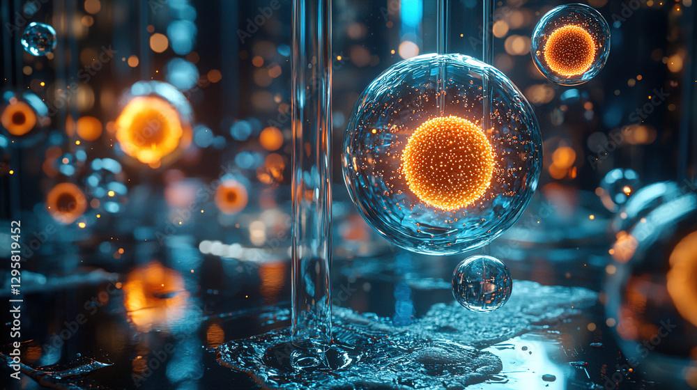 Aufkleber floating spheres of energy emit a warm glow in a futuristic, abstract setting filled with shimmering