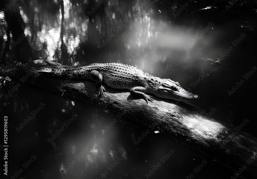 Aufkleber black and white crocodile resting on log in mysterious water reflection surrounded by nature's shado