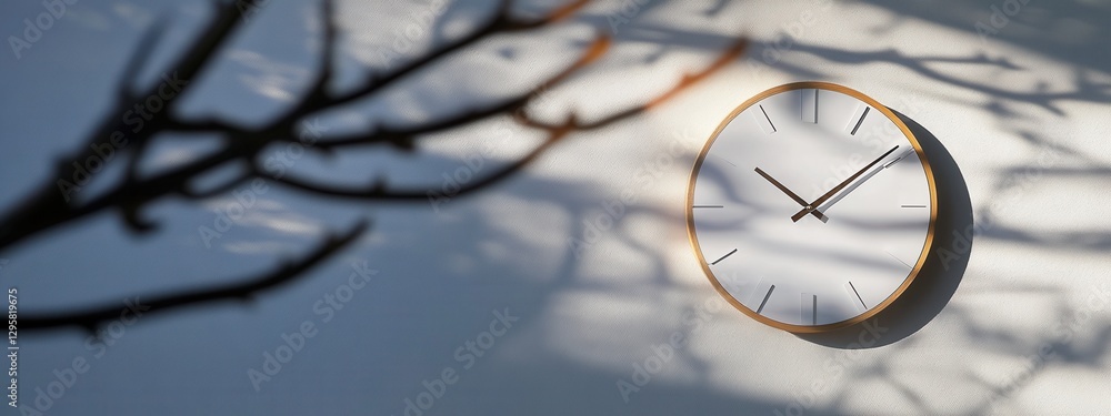Poster modern wall clock casting intriguing shadows on a textured surface illuminated by soft light from a 