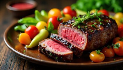 Juicy roast beef, colorful vegetable medley, festive herbs, garnish, hearty