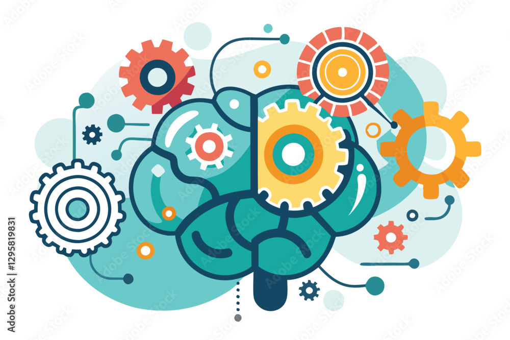 Poster exploring the connection between technology and human intellect through minimal vector illustration 