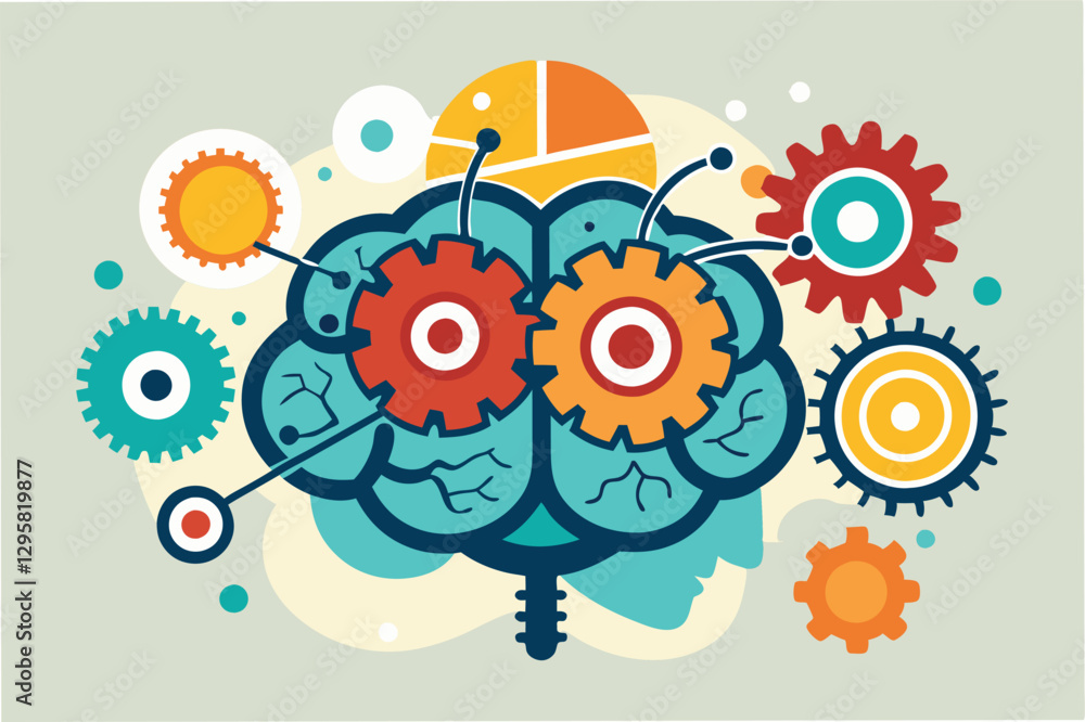 Poster exploring the connection between technology and human intellect through minimal vector illustration 