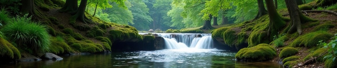 Fototapeta premium Riverbank moss with short waterfall amidst tall trees, peaceful scene, trees, overcast
