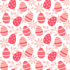 Seamless vector background with Easter eggs and floral ornament in pink pastel colors