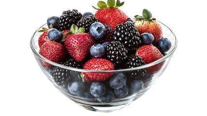 Obraz premium A bowl of mixed berries including strawberries, blueberries, and blackberries, isolated on a transparent background.