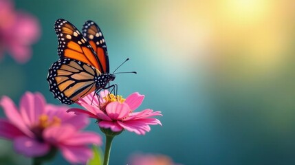 Fototapeta premium A vibrant monarch butterfly delicately rests on a blossoming pink flower, bathed in the warm glow of sunlight, creating a serene and beautiful natural scene.