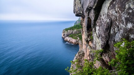 Dramatic Coastline with Rocky Cliffs Overlooking Calm Sea Under Cloudy Sky : Generative AI