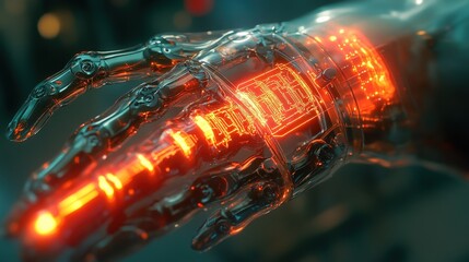 Futuristic robotic hand with glowing elements.