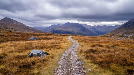 Trail Through Rugged Landscape With Mountains Under Cloudy Sky : Generative AI