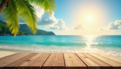 Tropical beach scene, blurred ocean, sun, clouds, wooden table , idyllic, tropical beach