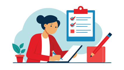 Vector illustration of a woman working on a checklist in a modern workspace surrounded by plants and stationery