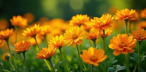 Vibrant orange and yellow blooms fill summer garden bed, flora, daytime, summer