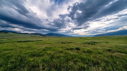 Expansive Green Meadow Under Dramatic Cloudy Sky with Mountains in the Distance : Generative AI