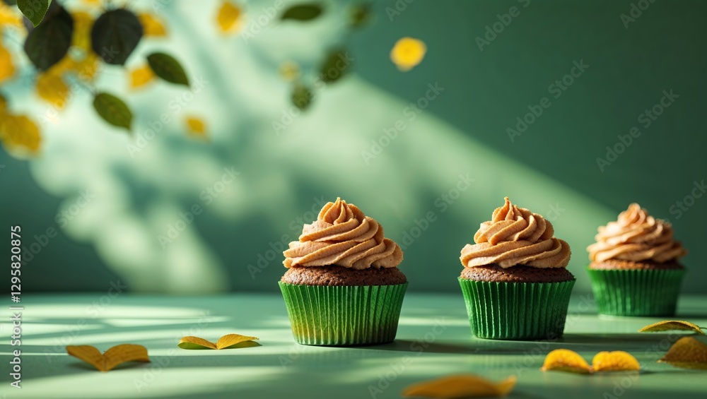 Poster cupcakes with caramel frosting arranged on a green table surrounded by autumn leaves and soft lighti