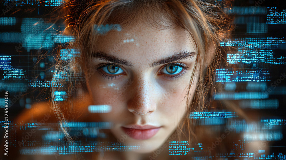 Poster young woman with blue eyes focused on digital interface displaying data in a futuristic setting. gen