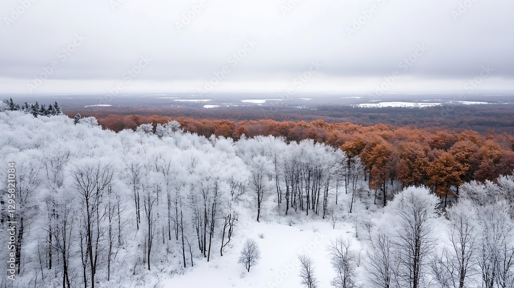 Poster winter wonderland overlooking frosted trees and icy forest blanketed in snow with vibrant autumn col