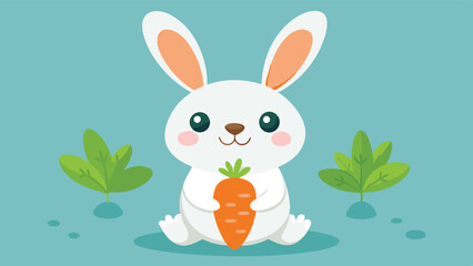 Obraz premium Cute blue bunny character sitting on green grass holding a carrot, styled in a minimal vector illustration suitable for children's designs